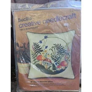 VTG Bucilla Crewel Needlecraft Kit 2460 Wild Mushrooms Pillow 16" NOS Unopened